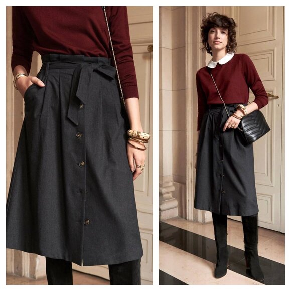 Sezane Zia Belted A-Line Midi Skirt Button Up Wool Dark Grey Women's 36 US 4 - Picture 1 of 9